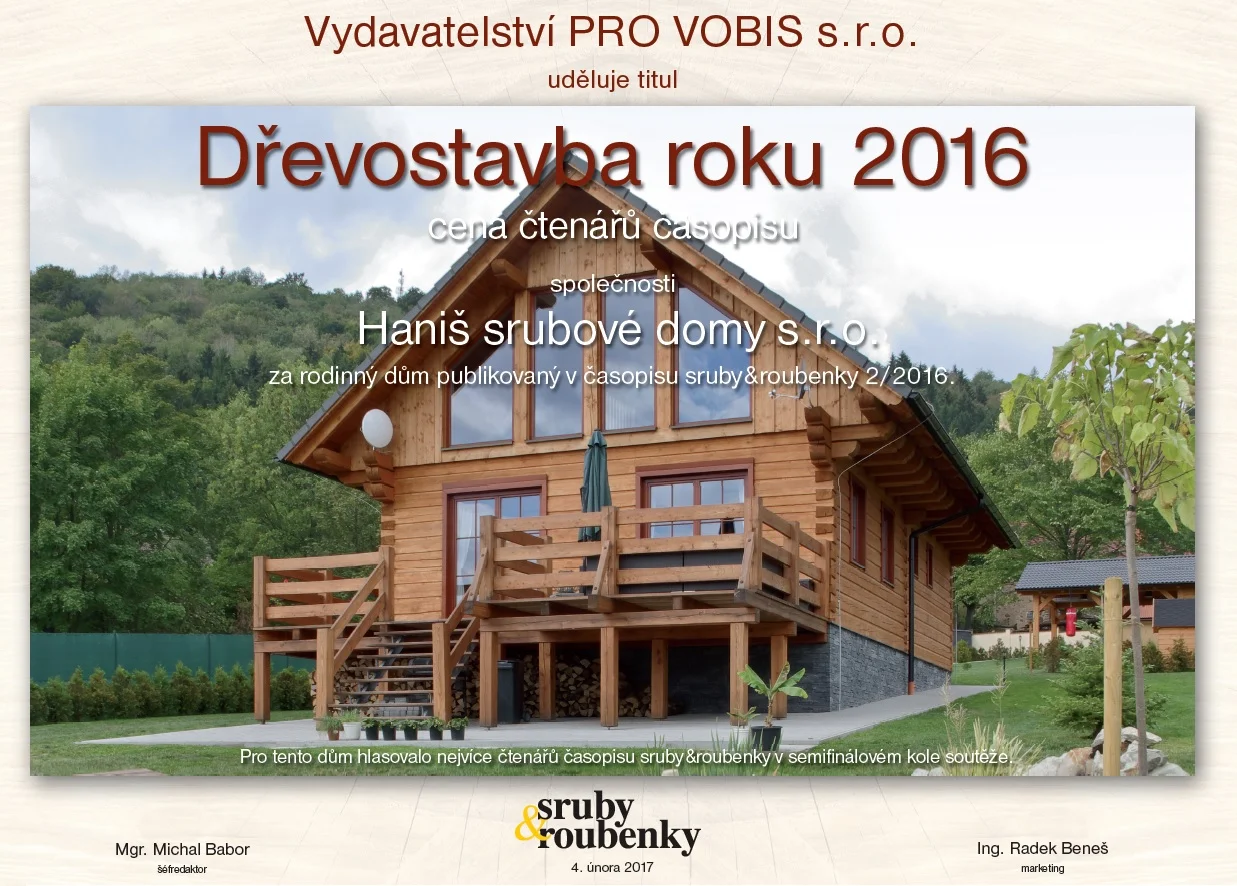 Diplom Dřevostavba roku 2016 pro roubenku Jivina od Haniš srubové domy