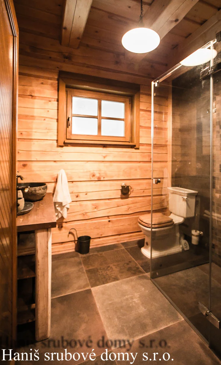 Koupelna se skleněným sprchovým koutem, WC a kamenným umyvadlem